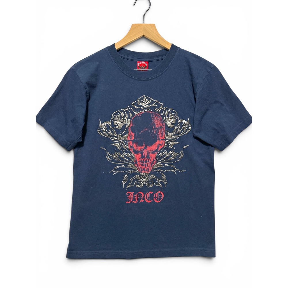 JNCO Vintage T Shirt Mens Large Navy Blue Red Skull Metallic Puff Print Goth 90s